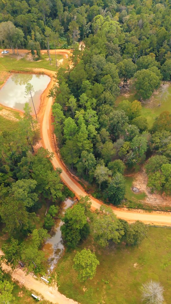 Aerial view of a pond and fresh dirt road cut through wooded property