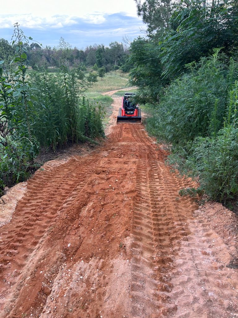 Mulcher working a dirt road lined with brush