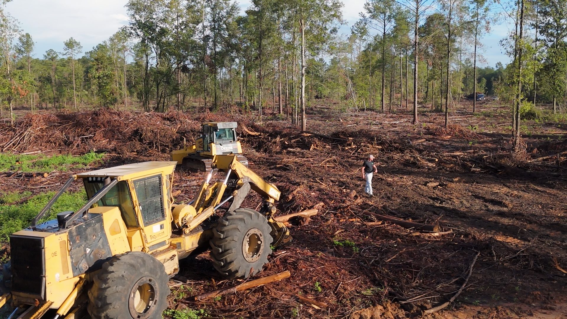 Skidder pulling cleared timber on a land clearing job